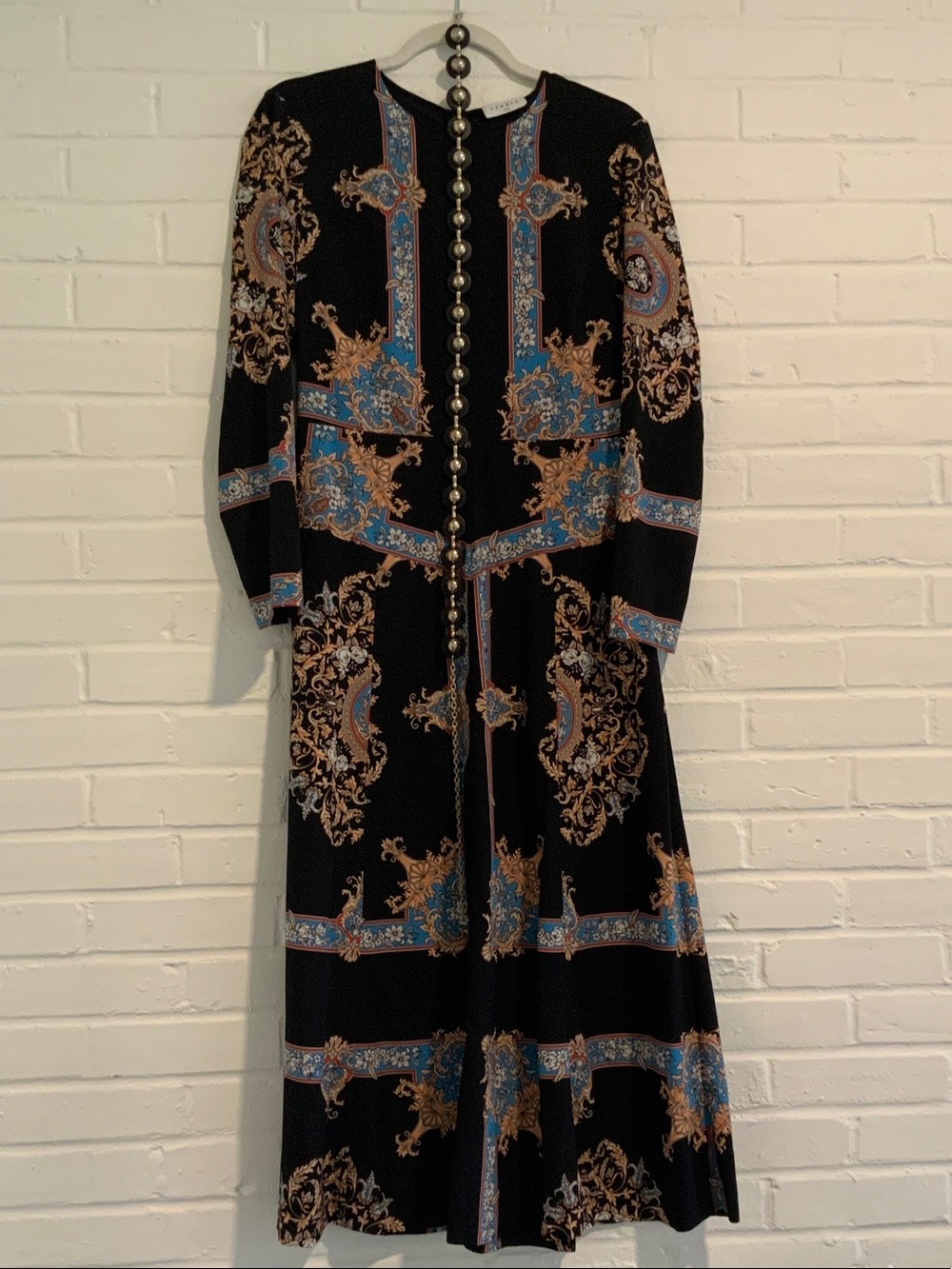 Sandro Black Dress with Blue and Tan Baroque Print wear with or without belt